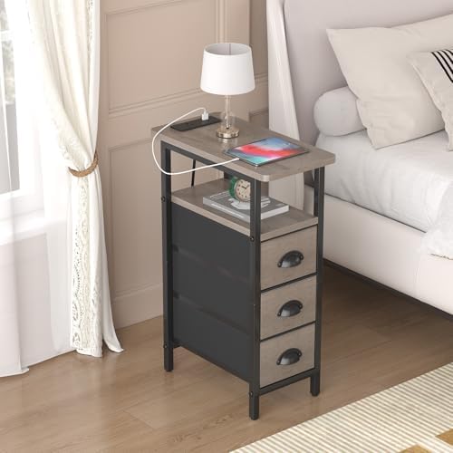 sthmec End Table with Charging Station,Narrow Side Tables with USB Ports and Outlets,Skinny Bedside Tables with 3 Drawers,Small Tables Nightstands for Small Space,Slim Sofa Table for Livingroom,Grey - Image 6