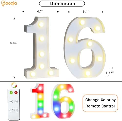 Pooqla 16th Birthday Decoration for Girls Boys, Decorative LED Light Up Numbers, Marquee Numbers 16 Sign for Party Backdrop 16th Wedding Anniversary Decor Gift, Warm White and Colorful Number 16 - Image 3