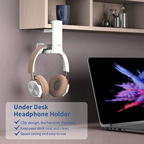 KIWIFOTOS Headphone Stand Holder Under Desk, PC Gaming Headset Hook Hanger Mount with 360 Adjustable Rotating Arm Clamp & Built in Cable Clip - White - Image 2