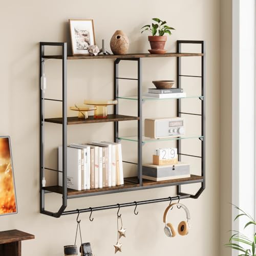 EYCOAL Gaming Floating Shelves, Wall Mounted Wooden Decor Display Shelf with 34" LED Lights and Adjustable Glass Bar Wine Shelf, Extra Hanging Hooks Storage for Gaming Room and Living Room - Image 3