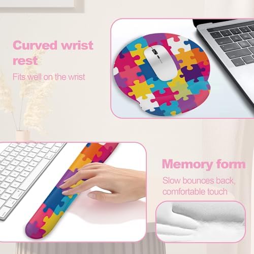 Autism Awareness Puzzle Colorful Keyboard Wrist Rest Pad and Mouse Pad Wrist Support Set,3-in-1 Ergonomic Mouse Pad with Non-Slip Rubber Base for Home Office Game Computers Desk, - Image 4