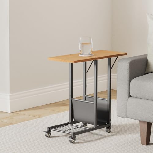 Simple Trending C Shaped End Table, Folding TV Tray Couch Side Table for Sofa on Wheels, Black - Image 2
