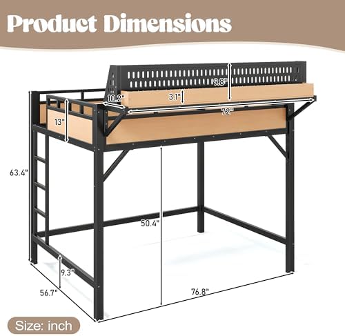 KEIKI Full Size Loft Bed Frame with Storage Shelves & Pegboard, Heavy Duty Metal Loft Bed with USB Ports and LED Lights for Teens Adults Guest Rooms Apartments Study Spaces & Modern Bedrooms - Image 2