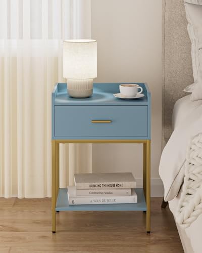 Masupu Nightstand,Bedside Table 3-Tier Modern Night Stand with Storage Drawer and Shelf,Small End Side Table for Bedroom,Living Room,Black (Without Outlet, Blue) - Image 4