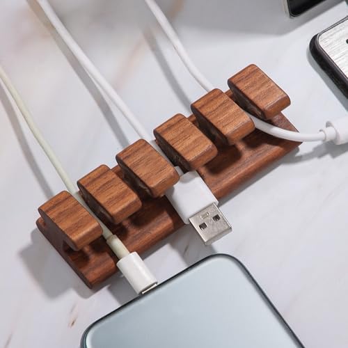 Walnut Wood Cord Holder – 5 Slots Cable Organizer with Adhesive Tape, Desk Wire Management for USB, Charging, HDMI, and Type-C Cables (5 Slot) - Image 3