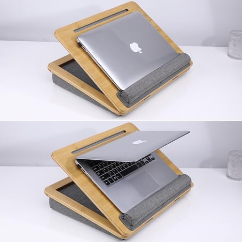 SUMISKY Adjustable Lap Desk-Portable Laptop Stand with Cushion, Bamboo Platform with Phone Holder, Wrist Pad Fits up to 15.6 Inch Laptops - Image 2