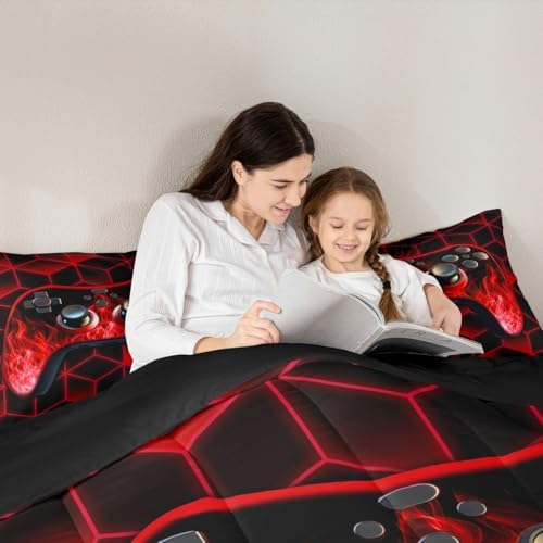 Red Neon Geometric 3D Geometric Comforter Set - Flame Gaming Console Gamer Decor for Boys Bedroom - Image 3
