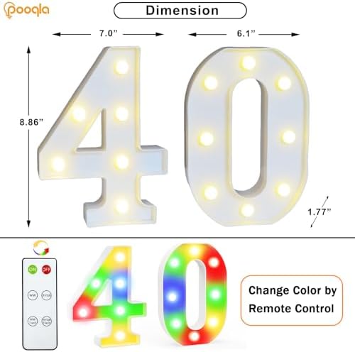 Pooqla 40th Birthday Decoration for Her Him, Decorative LED Light Up Numbers, Marquee Numbers 40 Sign for Party Backdrop 40th Wedding Anniversary Decor Gift, Warm White and Colorful Number 40 - Image 3