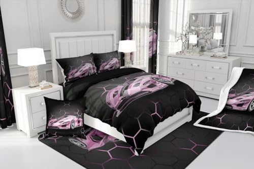 Feelyou Race Car Queen Comforter Set with Sheets for Kids Boys Girls Honeycomb Speed Sports Car Bed in a Bag Pink Extreme Sports Bedding Set 7 Piece Bedroom Decor Hexagon Theme Bed Set - Image 7