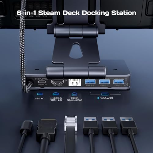 Docking Station Steam Deck Dock: Adjustable Stand 6-in-1 Hub Stream Deck Accessories with HDMI 2.0 4K@60Hz TV/1Gb Ethernet/3*USB-A 3.0/PD 3.0 Fast Charging for Steam, iPad,Other Smart Phones Black - Image 2