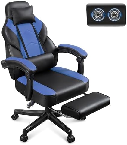 Gaming Chair for Adults, Video Game Chair with Footrest, Big and Tall Gaming Chair Heavy Duty Computer Chair with Massage Lumbar, Ergonomic Adjustable Height and 360° Swivel Seat, PU Leather, Blue by Meilocar