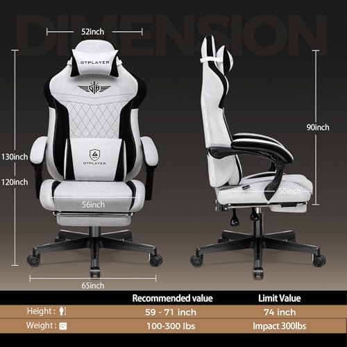 GTPLAYER Gaming Chair with Footrest, Big and Tall Game Chair High Back Computer Office Chair with Lumbar Support for Adults, Ergonomic Swivel Games Chair with Cushion Gaming, Fabric Grey - Image 2
