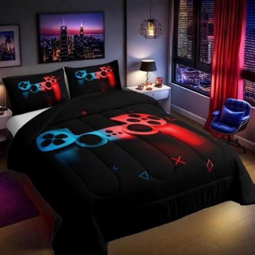 Erosebridal Gaming Comforter Set Twin Size for Boys Kids Game Room Decor Video Game Gamer Comforter Man Teens Bedroom Gamepad Bedding Set All Season,Black Blue Red - Image 3