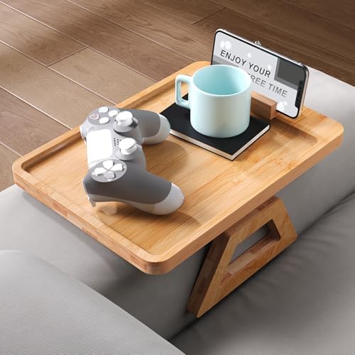Couch Arm Tray with 360°Phone,Bamboo Folding Sofa Tray,Sofa Armrest Trays Clip-On Couch Desk for Drinks,Snacks,Phone,Remote Control（Natural） - Image 3