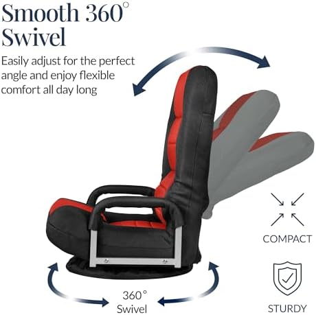 Best Choice Products Swivel Gaming Chair 360 Degree Multipurpose Floor Chair Rocker for TV, Reading, Playing Video Games w/Lumbar Support, Armrest Handles, Adjustable Foldable Backrest - Black/Red - Image 6