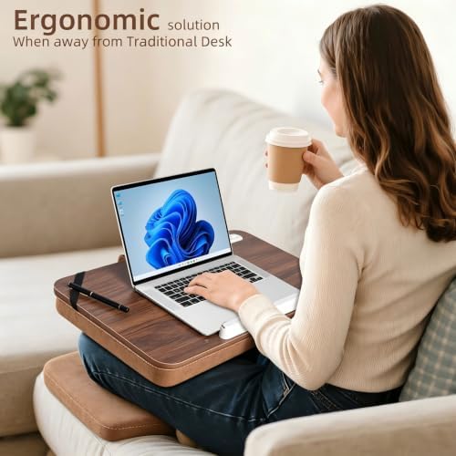 Wooden Lap Desk with Handle, Natural Wood Grain Finish, Portable Laptop Table with pohone Slots - Image 4