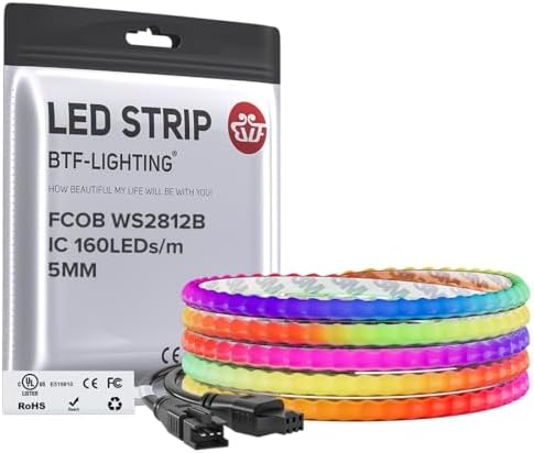 BTF-LIGHTING FCOB COB WS2812B IC RGB LED Strip DC5V 6.5FT 320LED 5mm IP30 by BTF-LIGHTING