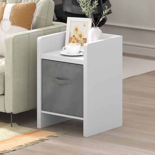 Furinno Viola Side Table, End Table with Storage Bin, White/Light Grey - Image 2