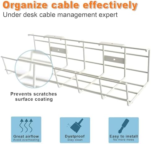 Under Desk Cable Management- 6 Pack Cord Organizer. Metal Wire Cable Management Tray for Office, Studio and Home. Super Sturdy Under Table Cable Managements - White Cable Organizer - Image 3