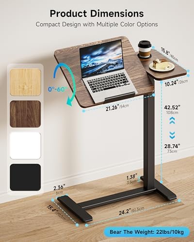 BZIUM Overbed Bedside Table with Hidden Wheels, Adjustable Medical Tilt Top Hospital Bed Table Over The Bed, Rolling Desk Mobile Standing Desk (31.5x15.8, Walnut) - Image 3