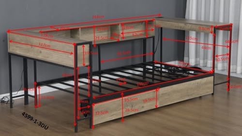 Bellemave Twin Size Corner Bed Frame with Storage Drawers, Bookcase and Side Desk, Twin Corner Bed with Light and Charging Station, Daybed for Bedroom, Living Room, Guest Room Gray - Image 2