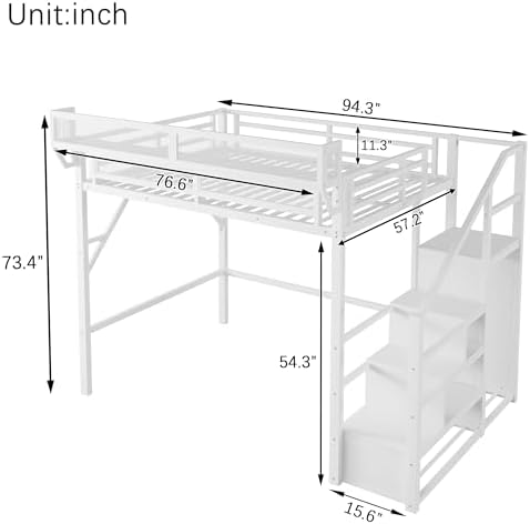 KEIKI Full Size Metal Loft Bed Frame with Convertible Staircase, Built-in Storage Shelves and Wardrobe, Loft Bed with Solid Slats, Guardrail, No Box Spring Required, Easy Assembly, for Bedroom, White - Image 2