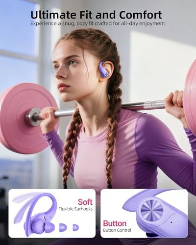 PocBuds Bluetooth Headphones Wireless Earbuds 80hrs Playtime Wireless Charging Case Digital Display Sports Ear buds with Earhook Deep Bass IPX7 Waterproof Over-Ear Earphones for TV Phone Laptop Purple - Image 6