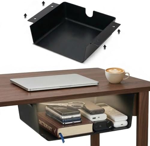 2 Pack Under Desk Hanging Shelf Drawer Organizer, Attachable Plastic Hidden Storage Tray, Easy Adhesive Mount Holder for Standing Tables, Office, Counters, Cabinets, Workstations - Black by Unknown