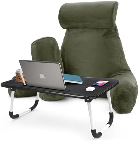 Nestl Reading Pillow with Portable Laptop Lap Desk - Shredded Memory Foam Back Support Pillow for Sitting Up in Bed and Couch Rest Pillows with Arms, Bed Tray Table with Foldable Legs, Olive Green by Nestl