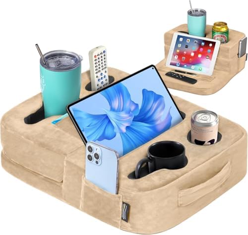 TabCouchCaddy - Couch Cup Holder Tray Pillow - Bed, Couch Caddy, Sofa, RV & Car - Holds Drinks, Snacks, Remotes, Phones, Kindle, Tablet | Bed Cup Holder (Beige) - Image 4