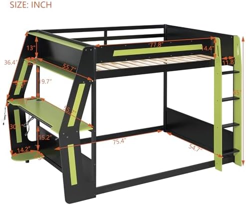 Merax Full Over Full Gaming Bunk Bed Frame with Side-Mounted Oversized Desk, USB Charging Ports & Cable Grommet & Light, Cool Design Heavy-Duty Esports Loft Bed Frame, Green - Image 2