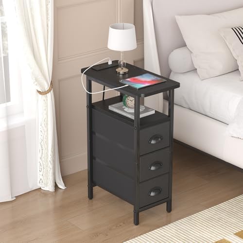 sthmec End Table with Charging Station,Narrow Side Tables with USB Ports and Outlets,Skinny Bedside Tables with 3 Drawers,Small Tables Nightstands for Small Space,Slim Sofa Table for Livingroom,Black - Image 6