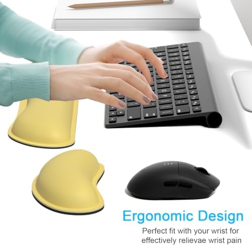 Dapesuom Keyboard Wrist Rest Set, Cute PU Leather Wrist Cushion for Computer Keyboard and Mousepad, Memory Foam Mouse Pad Rests Support with Non-Slip Base for Typing Pain Relief, Laptop, Lemon Yellow - Image 2