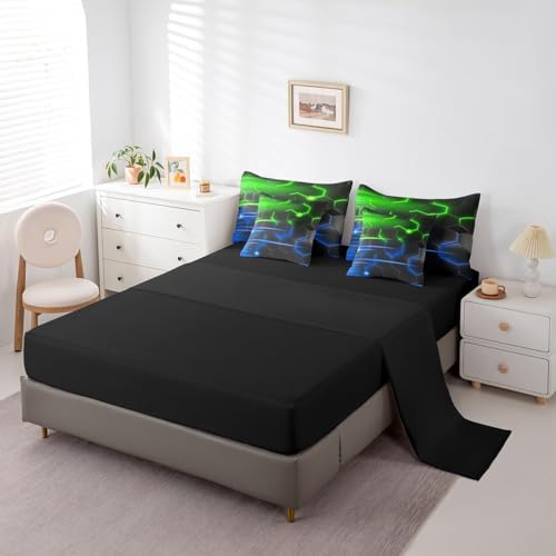 Feelyou Honeycomb Bedding Set Geometrical King Comforter Set with Sheets for Kids Boys Girls Teens Room Decor Modern Hexagon Theme Bed in a Bag 7 Piece Beehive Green Blue Bed Set - Image 4