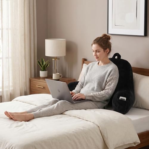 Large Plush Backrest Pillow for Sitting in Bed,Faux Fur,Black | 19" Back Pillow with Arms Supports Adults,College Students,Elbows & Forearms for Dorm Reading,Gaming,Watching TV - Image 2