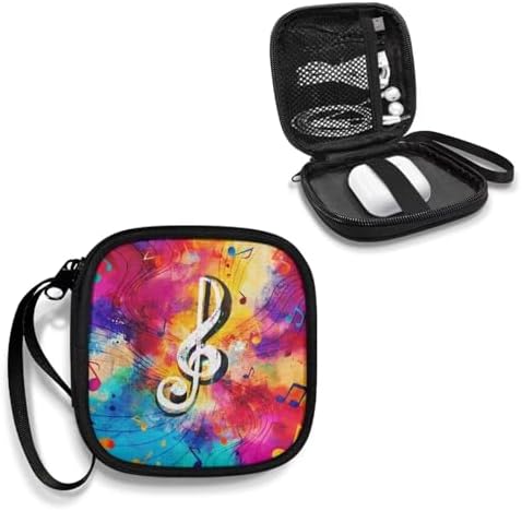 Colorful Musical Notes Square Earbud Case Portable Carrying Case Storage Bag Cell Phone Accessories Organizer with Handle for Earphone, Earbud, Earpieces - Image 2