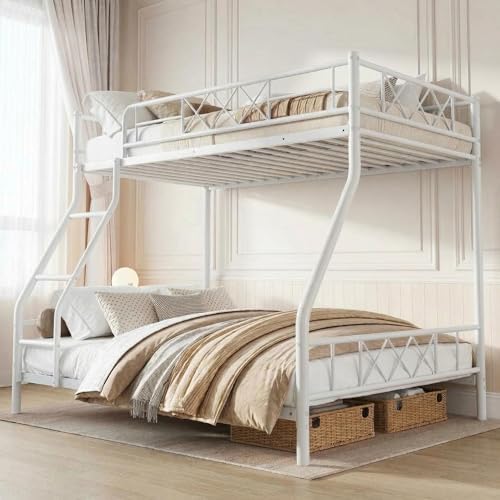 Garvee Bunk Bed Twin Over Full for Adults & Teens, Heavy Duty Metal with Ladder & Safety Rails, No Box Spring Required, Space Efficient Furniture for Bedroom, Dorm, White by Garvee