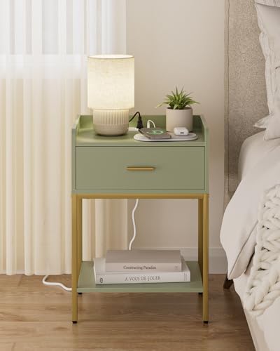 Masupu Nightstand with Charging Station,3-Tier Modern Bedside Night Stand with Storage Drawer and Shelf,Small End Side Table for Bedroom,Living Room,Gold and Green - Image 3