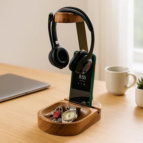 Headphone & Phone Stand, Dual Acacia Wood Holder with Tray, Desk Organizer - Image 4