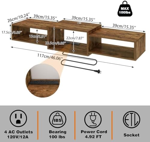 IBUYKE Floating TV Stand Wall Mounted with Power Outlet,Wood Wall Mounted Media Console Shelf,Floating Entertainment Center for Under TV Storage for Living Room Bedroom Office,Rustic Brown WST001H - Image 3