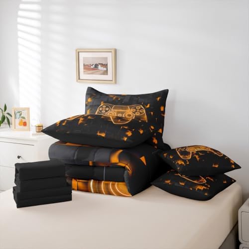 Erosebridal Gaming Bed in A Bag 7 Piece Modern Gamer Queen Bedding Set with Sheets | Video Games Comforter Set for Kids Boys Teens Bedroom, Gamepad Ombre Geometric Bed Sets, Orange - Image 5