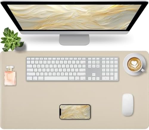 Beige Desk Mat with Stitched Edges, 31.5"×15.7" Keyboard Pad, Non-Slip Desk Protector Mat, Leather Desk Blotter, Waterproof Desk Pad for Office Home Decor by Bloss