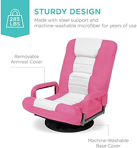 Best Choice Products Swivel Gaming Chair 360 Degree Multipurpose Floor Chair Rocker for TV, Reading, Playing Video Games w/Lumbar Support, Armrest Handles, Adjustable Foldable Backrest - Pink/White - Image 6