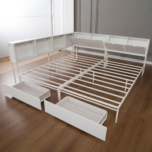 White Corner Bed with Drawers, Bookcase, Light & Charging Station,Twin/Twin - Image 5