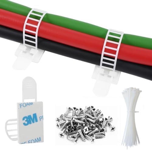 100Pcs Adhesive Cable Management Clips with 50Pcs Zip Ties, Adjustable Nylon Cable Strap Ties Wire Clips Clamps Organizer, Extra Screw & Hole - 3.55 Inch White by VAMRONE
