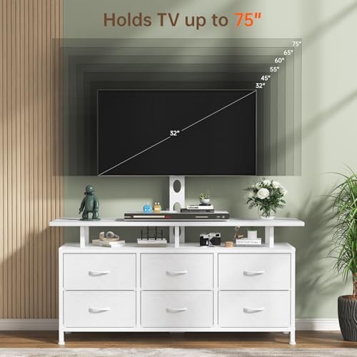 White TV Stand with Mount for 32/45/55/60/65/75 inch TVs, Entertainment Center with 6 Fabric Drawers & Open Shelf, TV Media Console for Living Room, Bedroom - Image 3