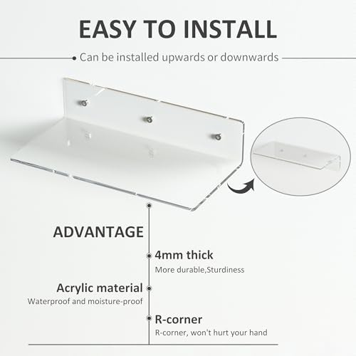 12 Inches Clear Wall Shelves, Moisture-Proof Acrylic Bathroom Organizer Shelves for Wall, Floating Shelf for Bathroom, 4 Pack - Image 4