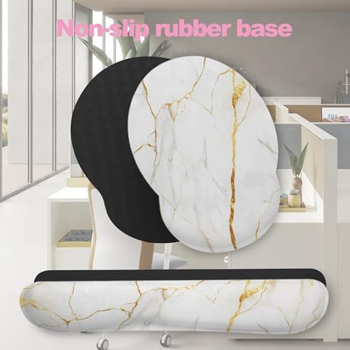 White Gold Flowing Marble Mouse Pad with Wrist Rest and Keyboard Wrist Rest Set, Non-Slip Rubber Base Memory Foam Mouse Pad Set for Women, Office Desk Accessories, Gaming - Image 7