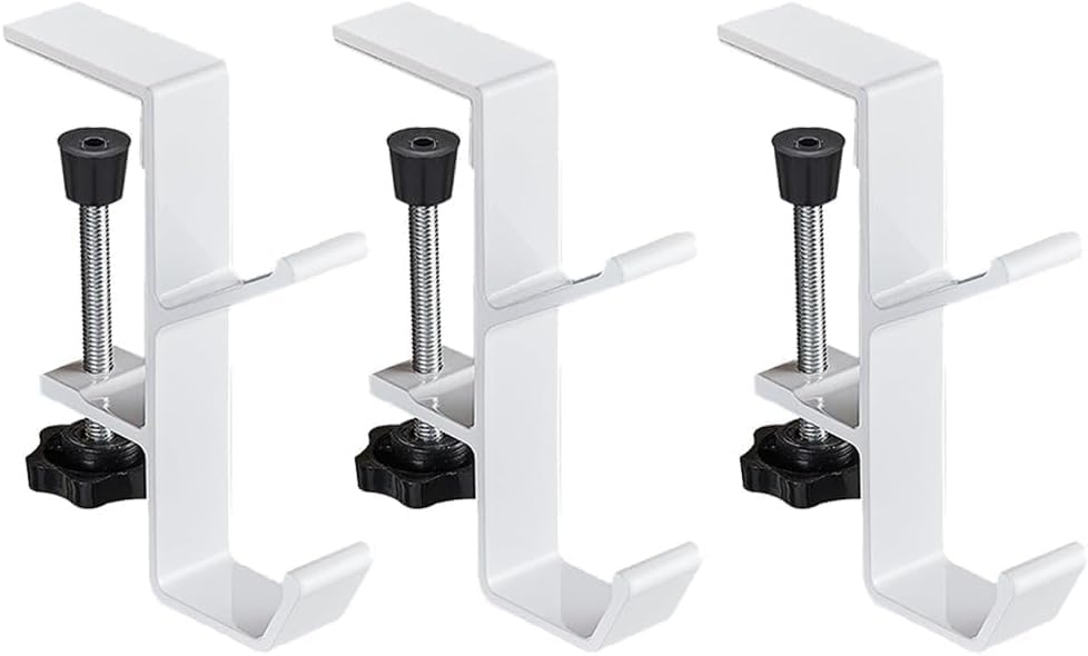 YUANQIAN Clamp-On Under Desk Headphone Holder Backpack Hook Students' Desk Hook with Adjustable Arm Clamp Women's Bag Handbag and Purse Holder -Suitable for Plate Between 1-5cm (3Pack White, 3) - Image 7