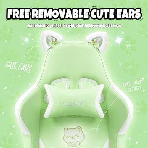 Vigosit Cute Cat Ears Gaming Chair for Women Girls - Ergonomic PU Leather Office Chair with Footrest cat paw Pillow, 360° Swivel Recliner, Green - Image 5
